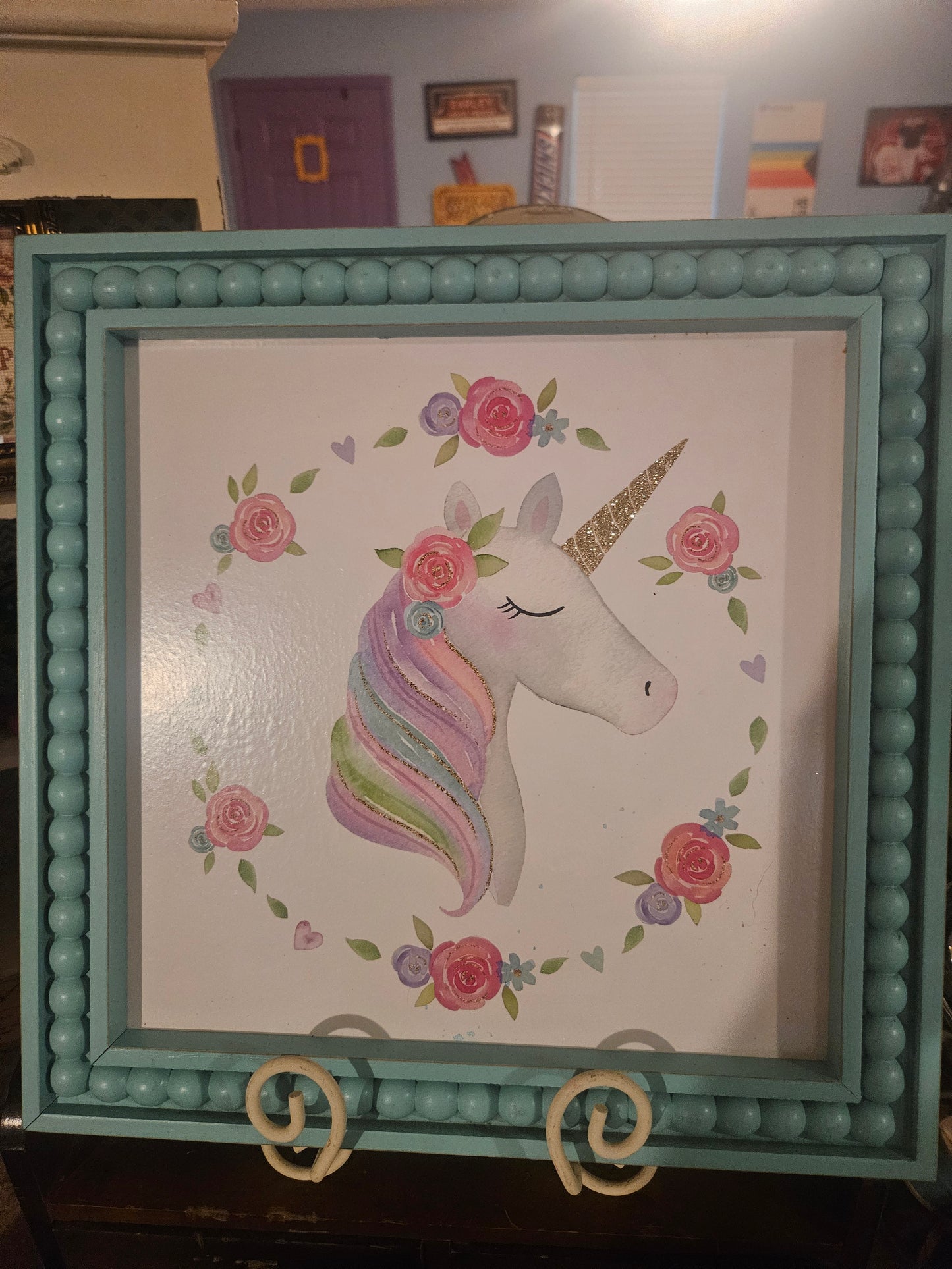 Unicorn Floral Framed Wall Art — Teal Beaded Wood Frame