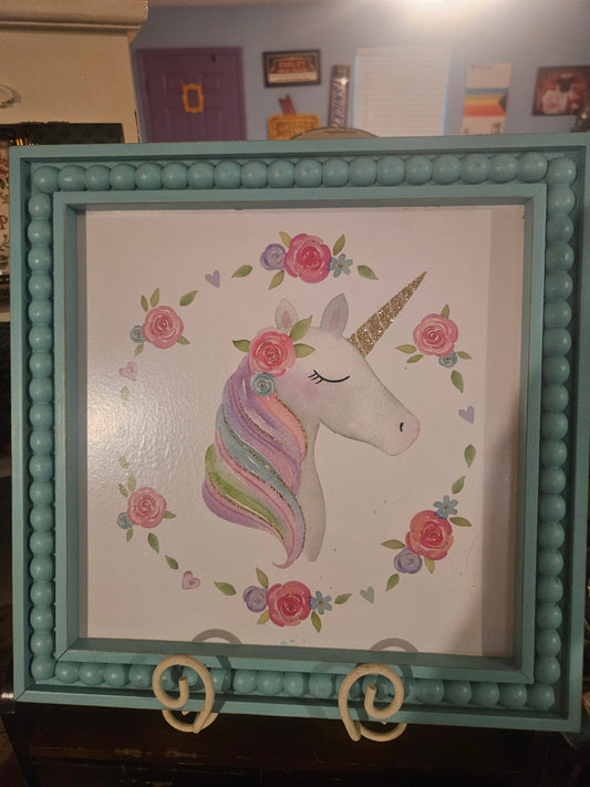 Unicorn Floral Framed Wall Art — Teal Beaded Wood Frame