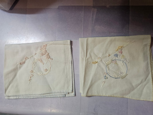 Vintage Hand-Embroidered Linen Handkerchiefs — Lot of 2 — Floral Wreath & Garland