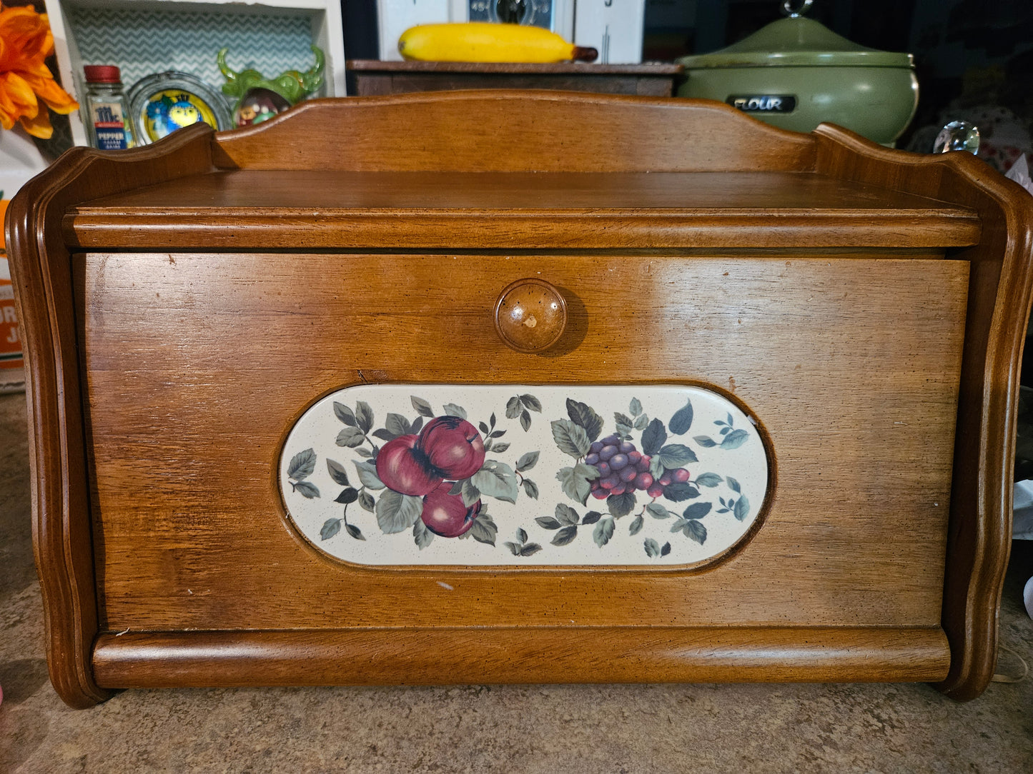 Vintage Wooden Bread Box – Fruit Decal Panel, Roll-Top Lid