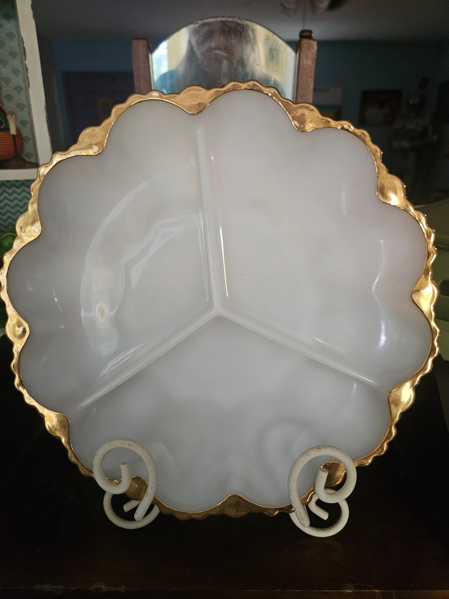 Anchor Hocking milk glass 3-section divided relish tray front view showing gold-trimmed scalloped edge and three sections