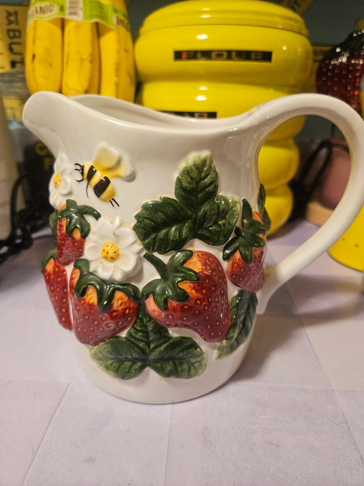 Vintage 3D Strawberry & Bumblebee Relief Ceramic Pitcher