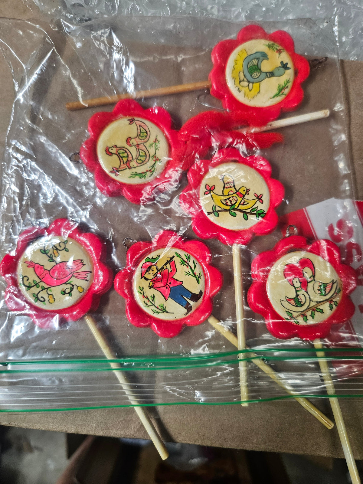 Vintage Twelve Days of Christmas Ornament Picks — Set of 6, Red Plastic Flower Frame