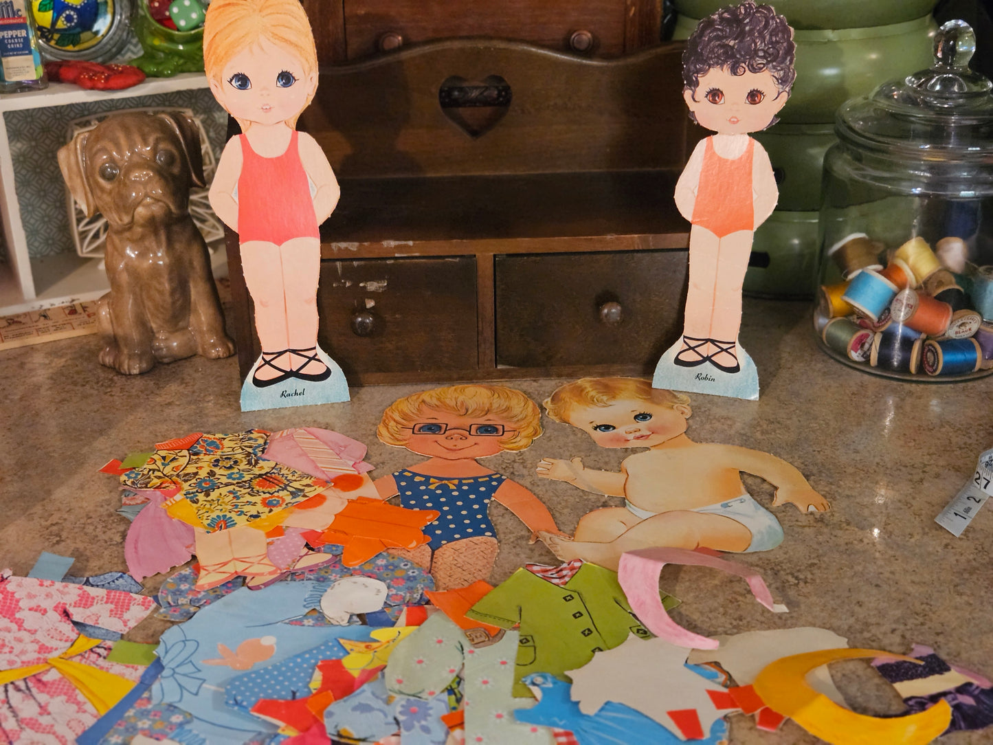 Vintage Paper Doll Lot – Rachel & Robin + 2 Baby Dolls, Cut Outfits, 1960s-70s