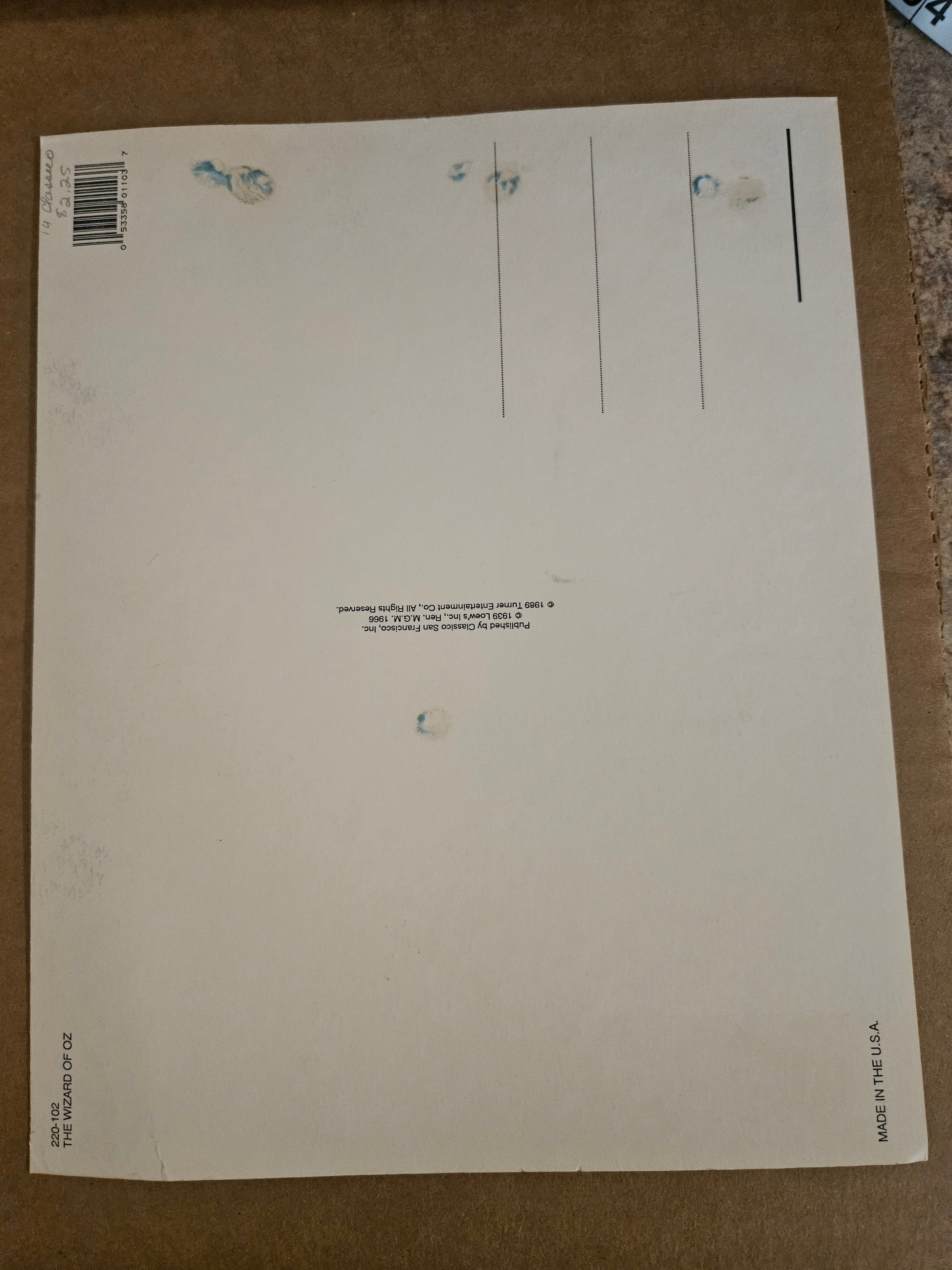 Back of Wizard of Oz photo print showing Classico San Francisco publisher info Turner Entertainment copyright and item number 220-102