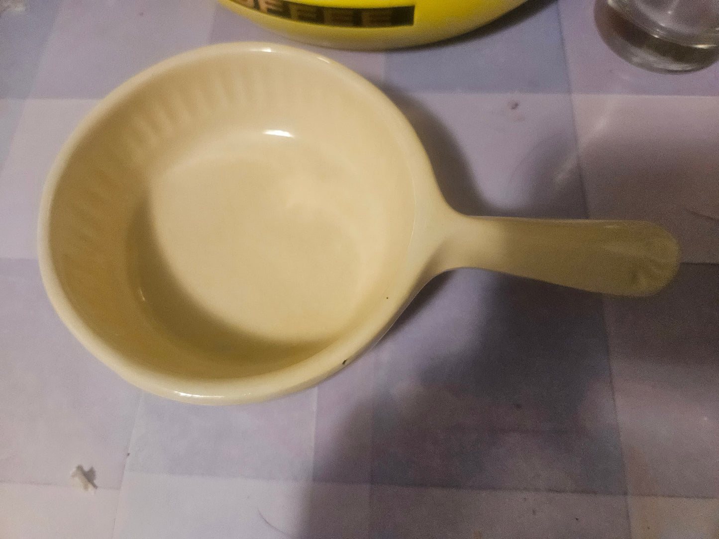 Vintage ceramic handled bowl interior view from above