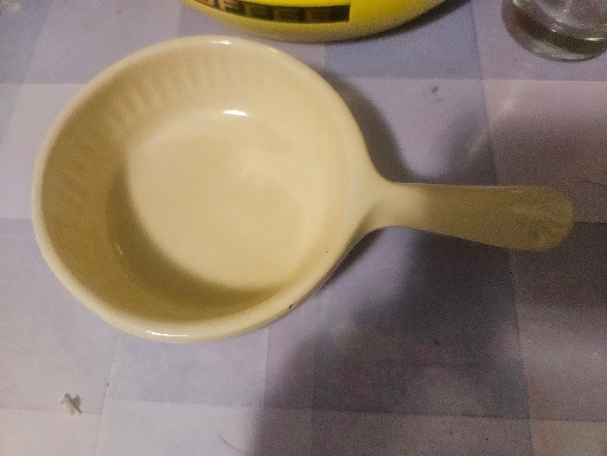 Vintage ceramic handled bowl interior view from above