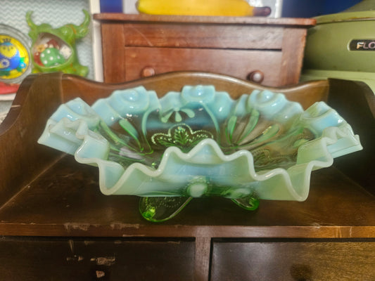 Jefferson Glass Green Opalescent Bowl — Meander Pattern, Ruffled Crimped Edge, 3 Feet, 8" x 8"
