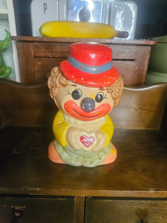 Vintage Ceramic Clown Coin Bank — Rhinestone Heart, Red Top Hat, 7" x 4.5"