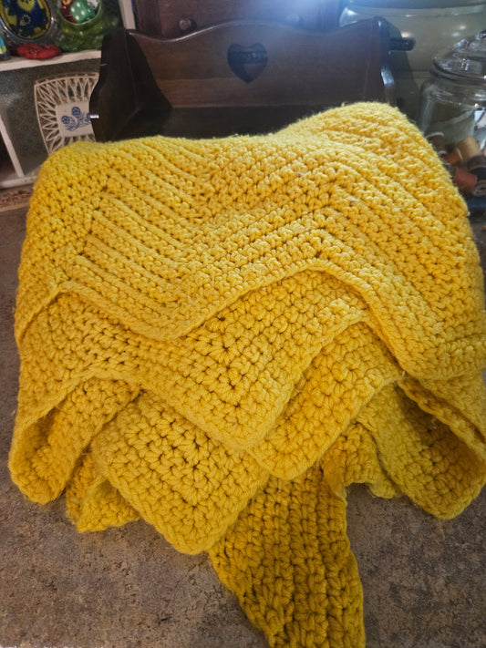 Handmade Golden Yellow Chevron Crochet Throw Blanket — 72x72", Chunky Ripple Pattern