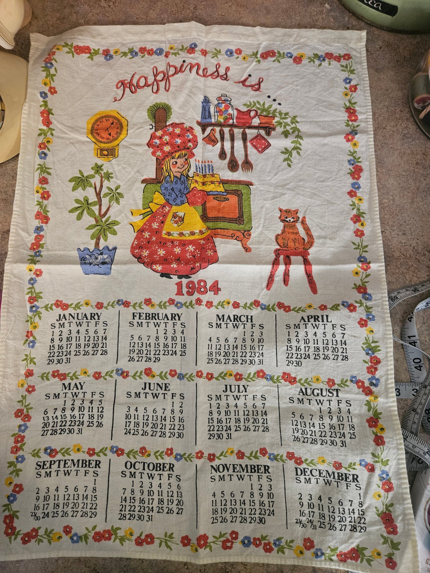 1984 Happiness Is... Calendar Linen Tea Towel