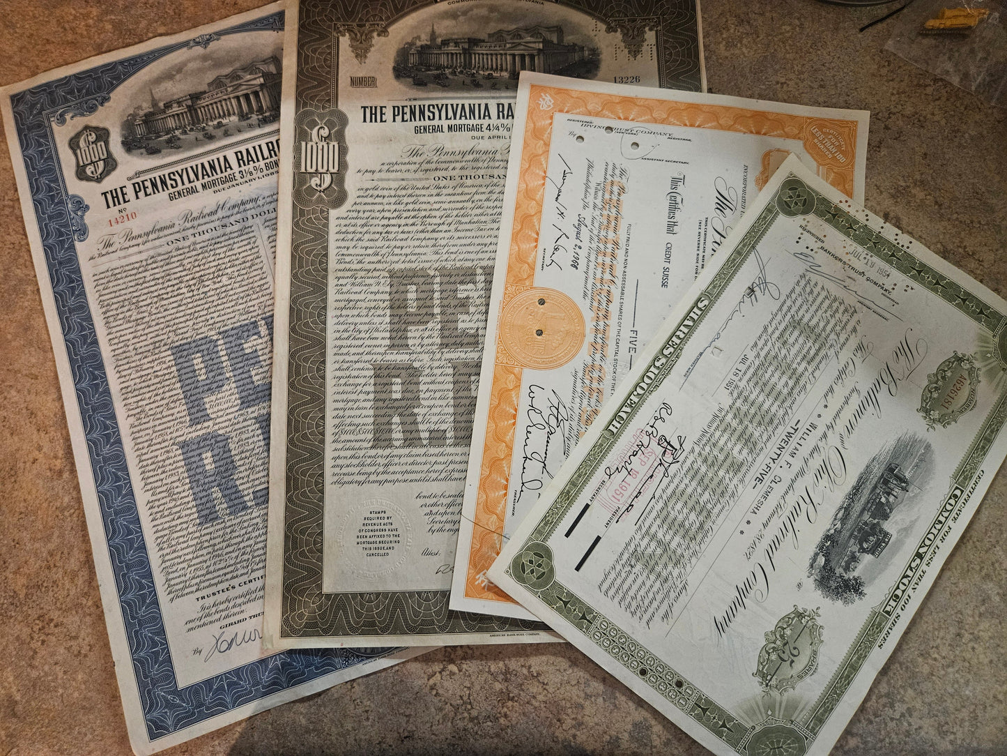 Vintage Railroad Stock & Bond Certificate Lot — Pennsylvania Railroad & Baltimore & Ohio, 4 Pieces