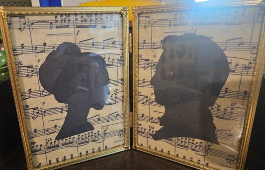 Vintage Silhouette Portrait Pair on Sheet Music — Hinged Double Gold Metal Frame