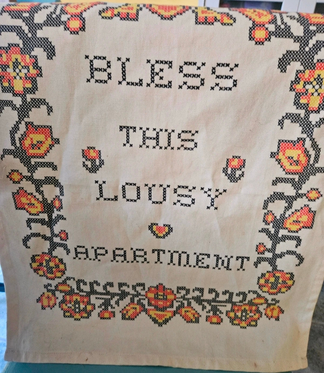 "Bless This Lousy Apartment" Vintage-Style Cross Stitch Wall Hanging