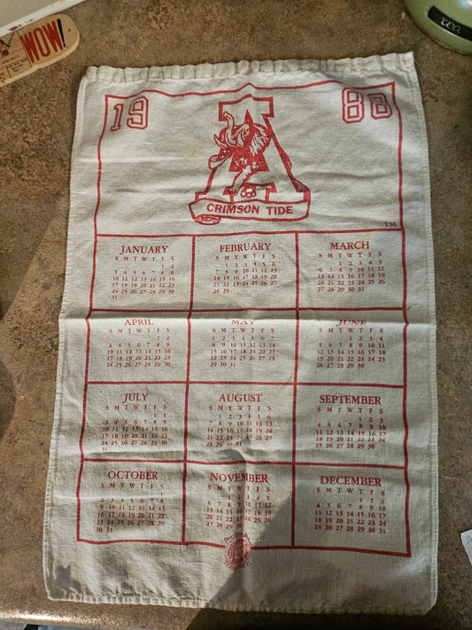 1988 University of Alabama Crimson Tide calendar linen tea towel showing Big Al elephant logo and full 12-month calendar