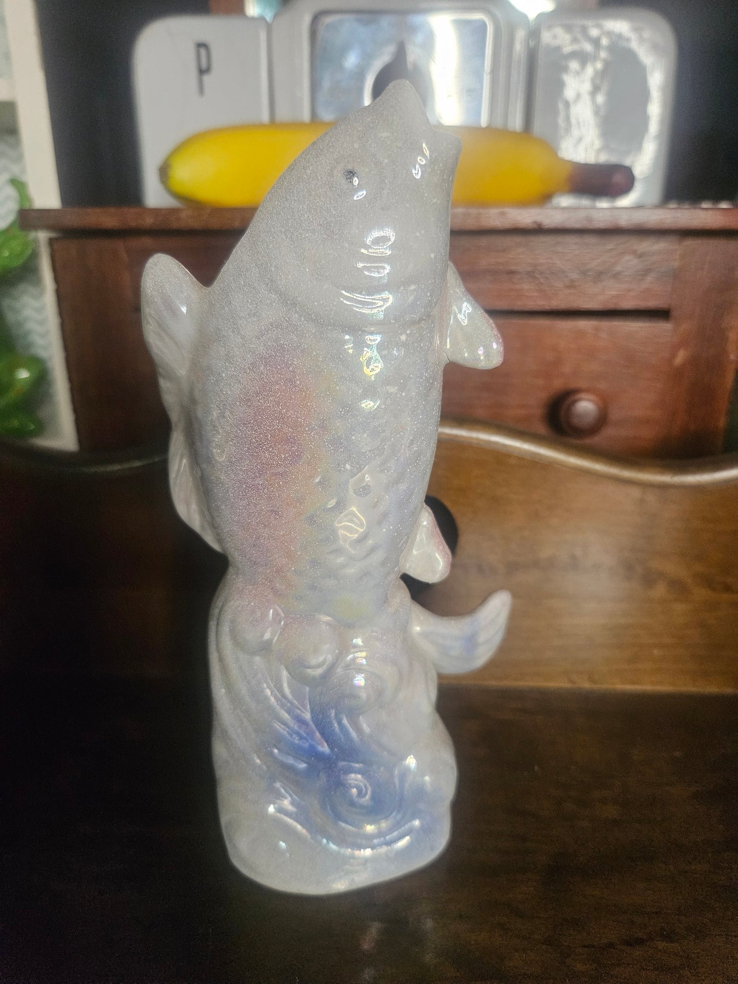 Vintage Iridescent Ceramic Koi Fish Figurine — Opalescent Glaze, 8" x 4", No Chips or Cracks