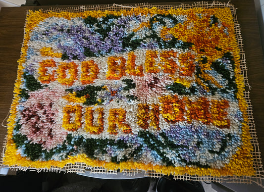 Vintage Latch Hook "God Bless Our Home" Floral Wall Hanging