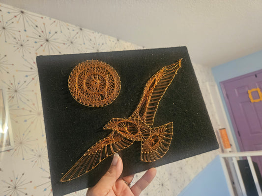 Vintage String Art Panel — Seagull in Flight with Sun, Gold on Black, 9" x 12", 1970s