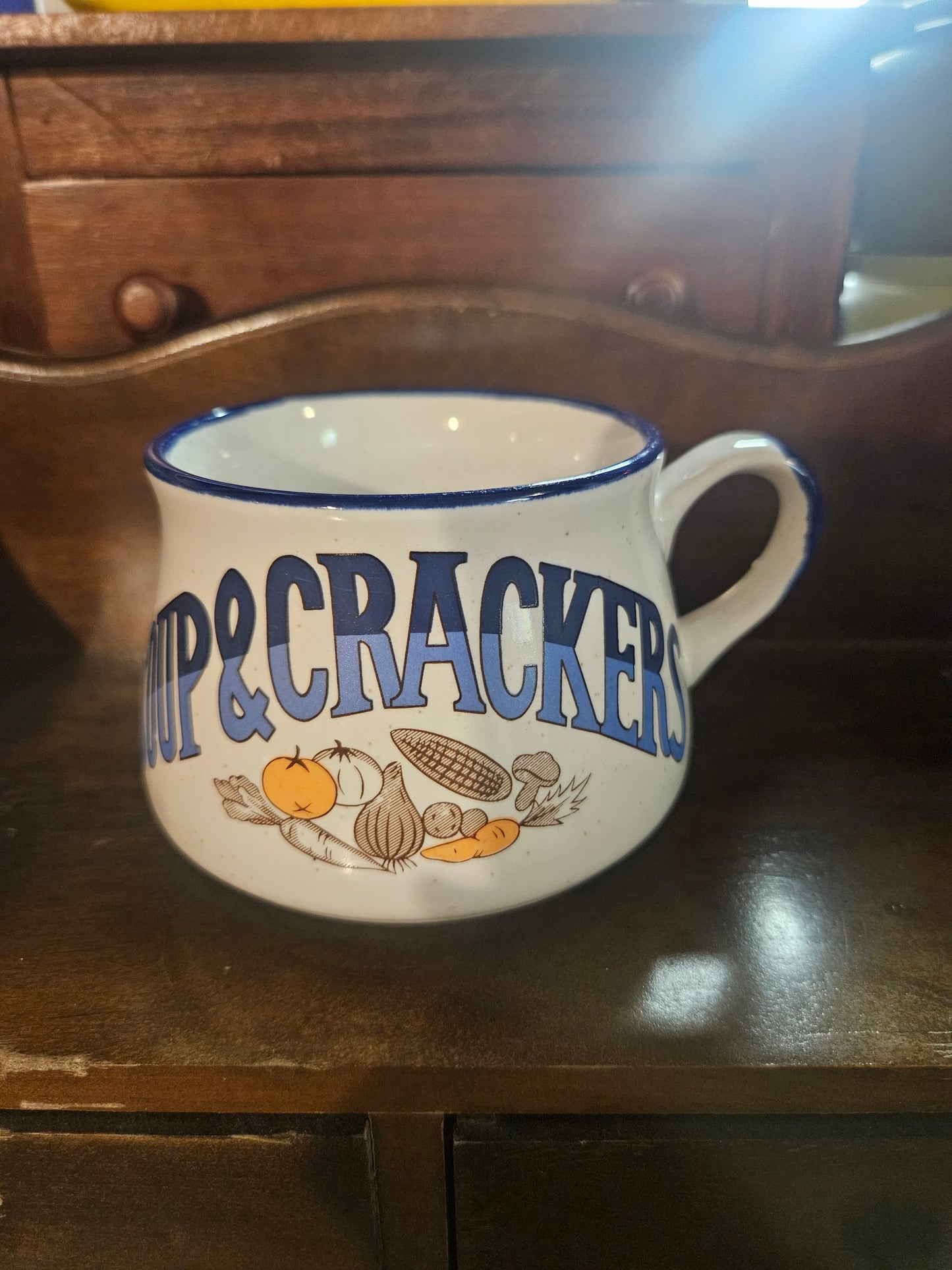 "Soup & Crackers" Oversized Ceramic Soup Mug — Blue Rim, Vegetable Illustration, 1970s–80s