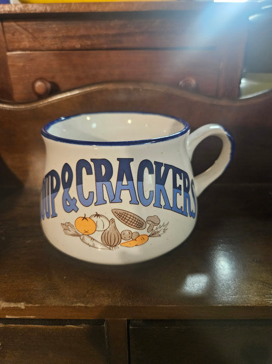 "Soup & Crackers" Oversized Ceramic Soup Mug — Blue Rim, Vegetable Illustration, 1970s–80s