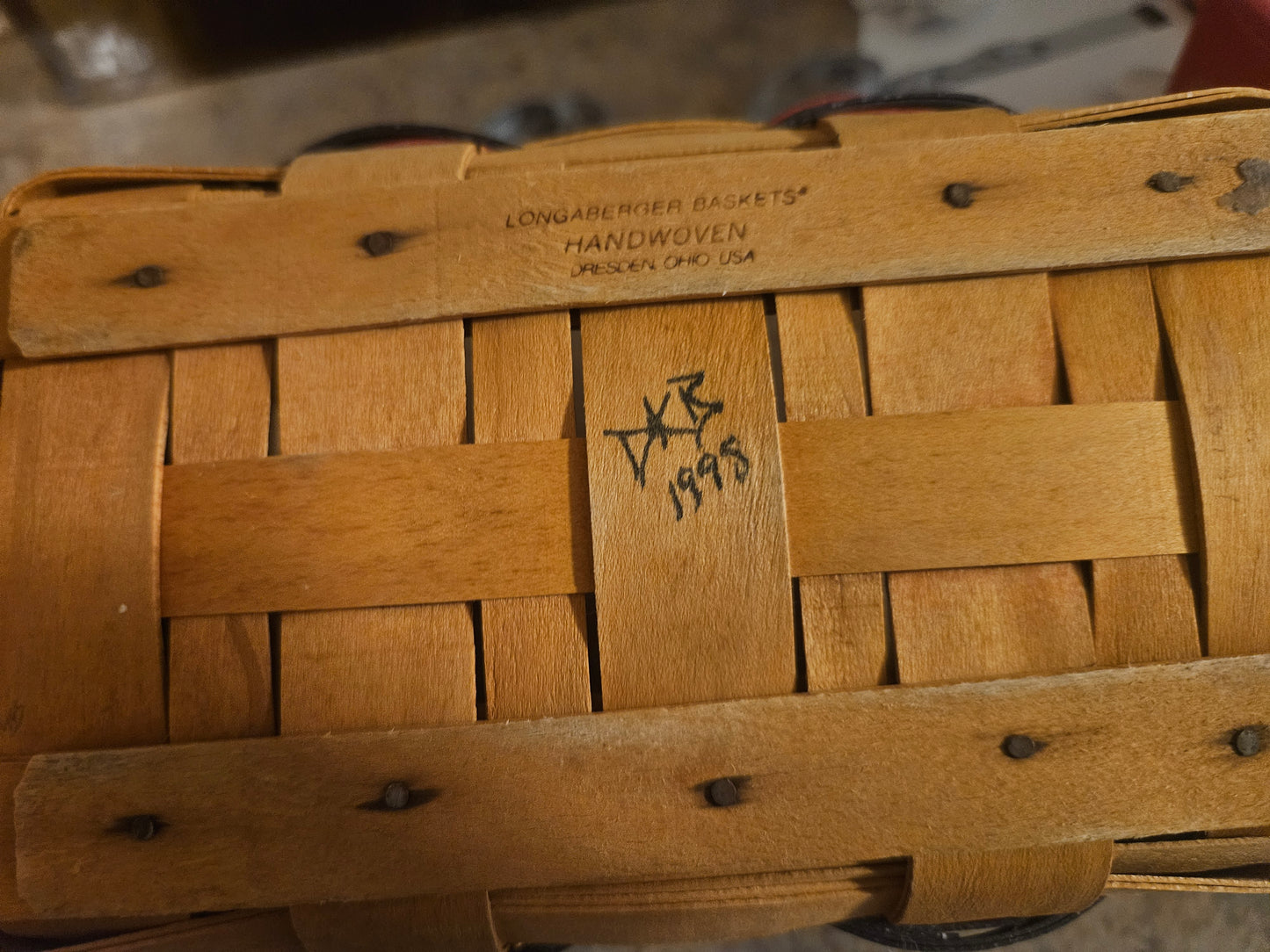 Longaberger Handwoven Stepped Rectangular Basket — Red & Black Accent Splints, 1995