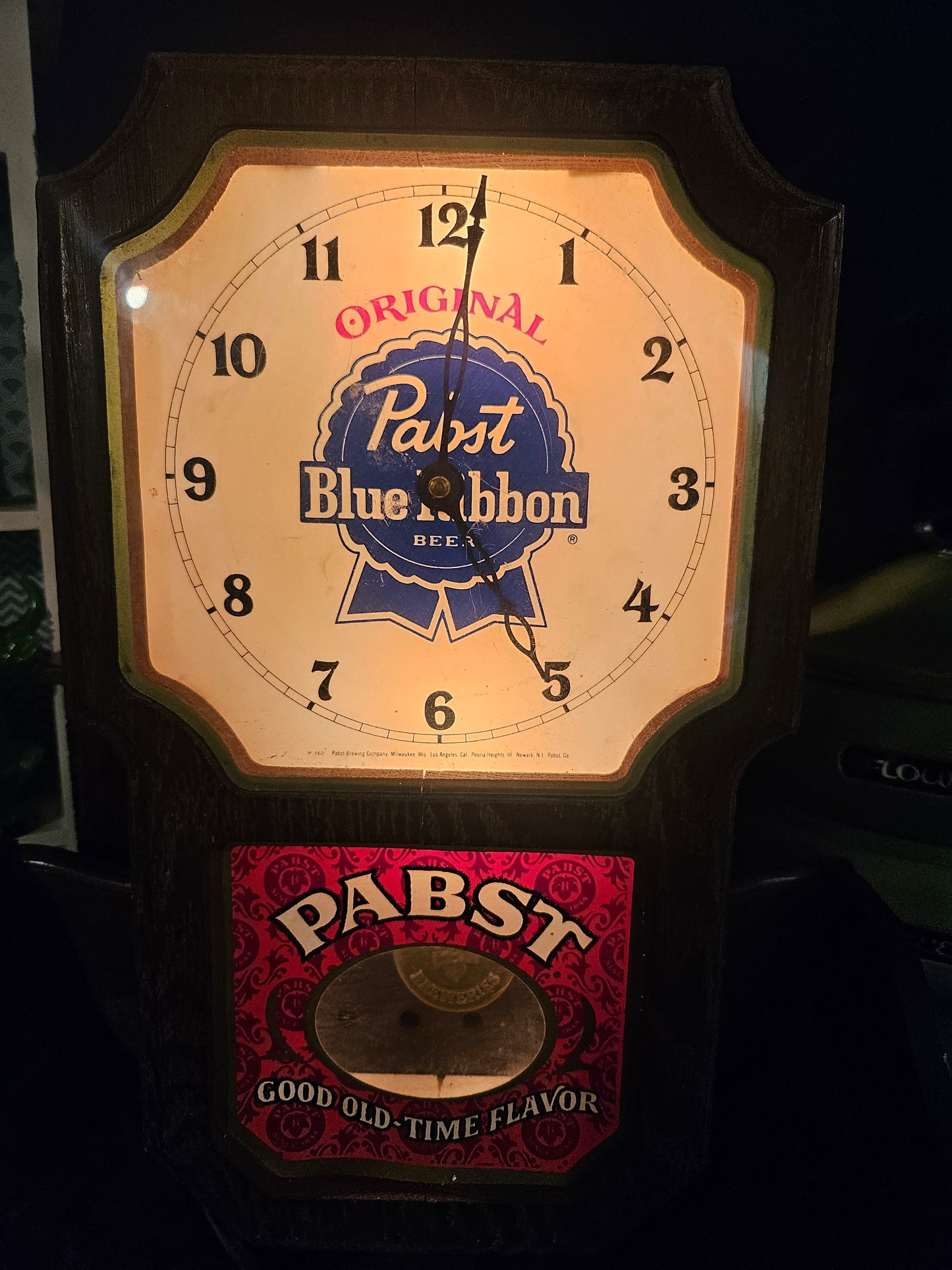 Pabst Blue Ribbon Lighted Pendulum Wall Clock — Vintage Bar Advertising