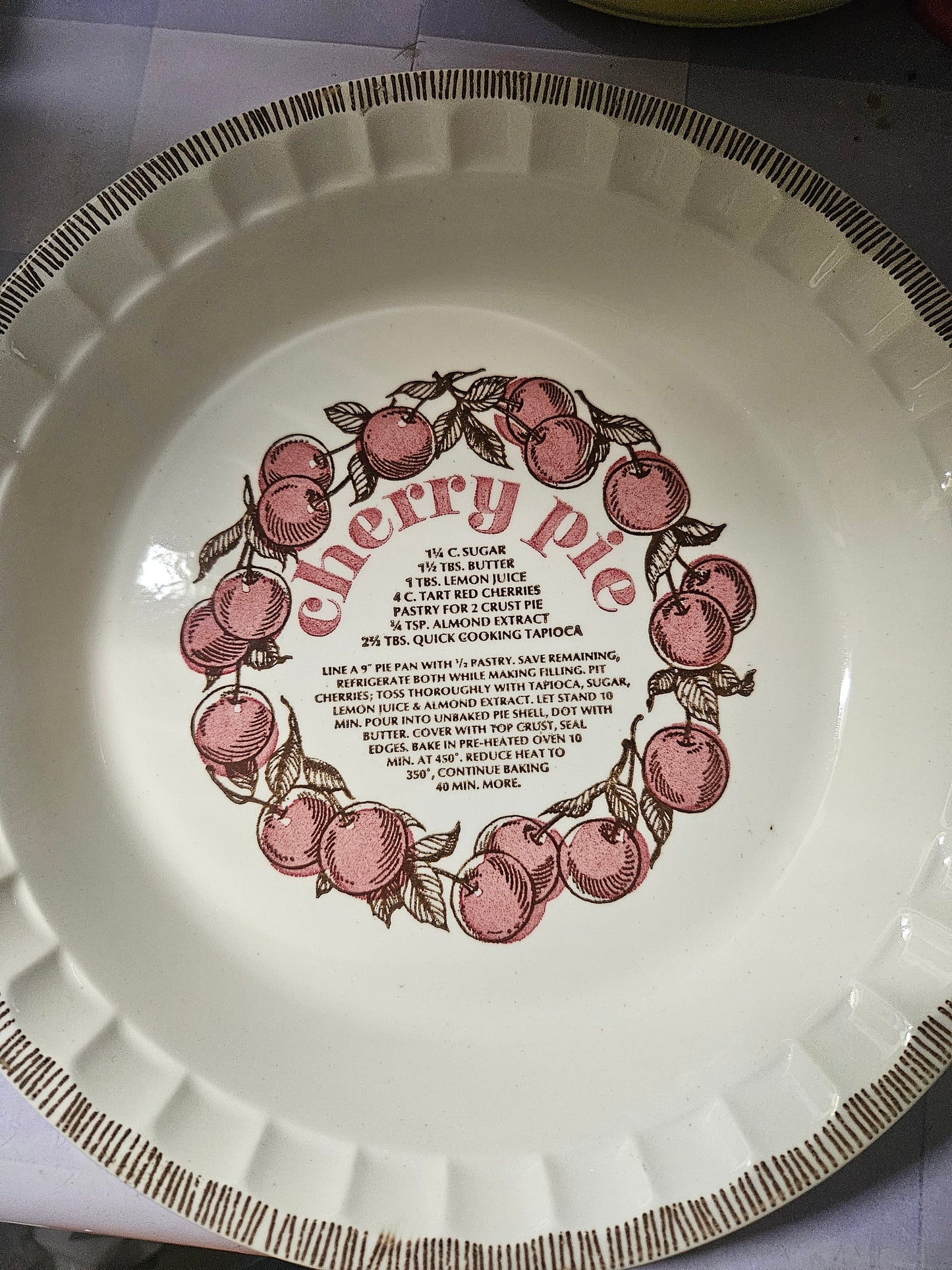 Royal China Co. cherry pie recipe pie dish interior showing cherry wreath illustration and recipe text