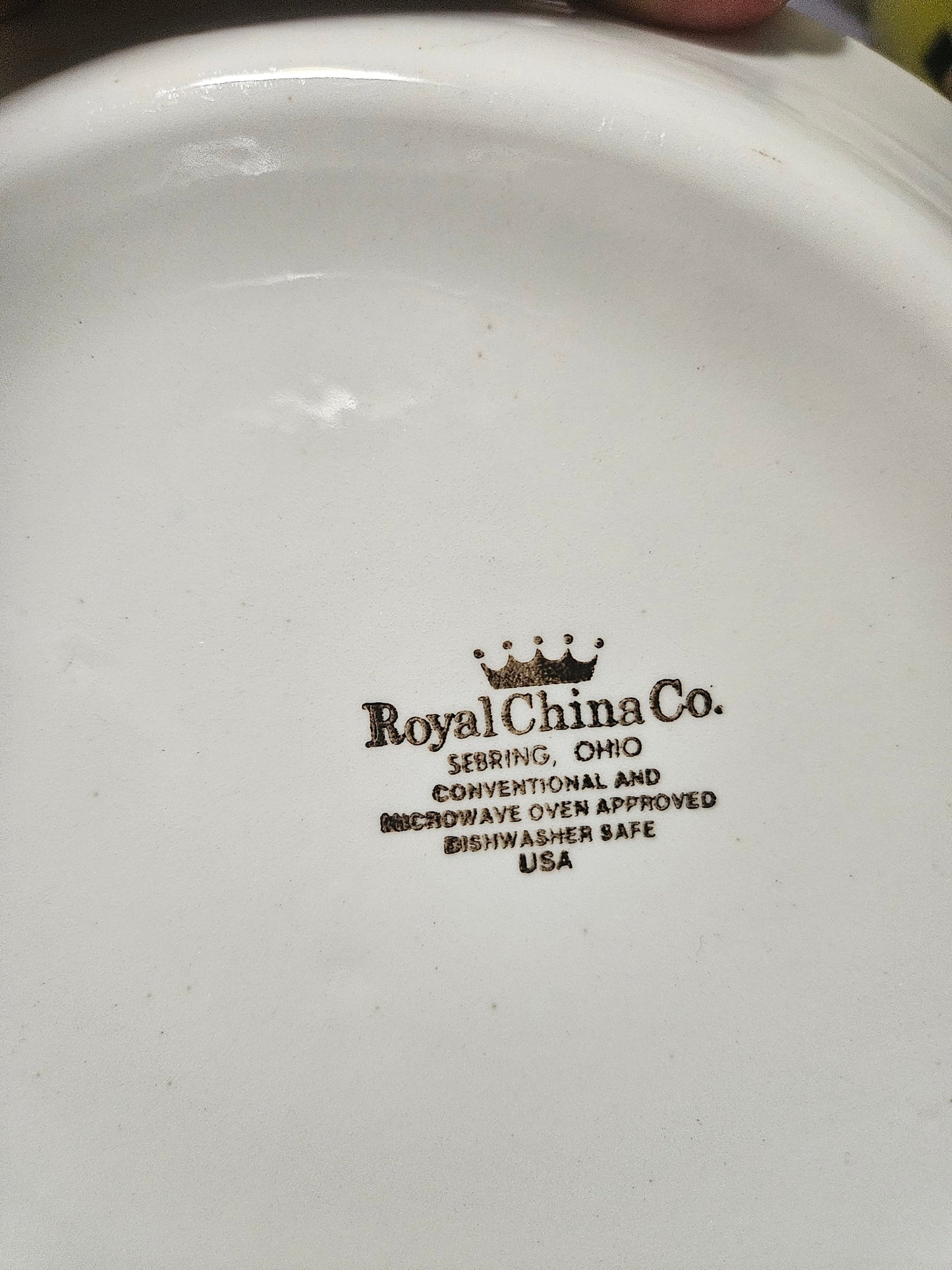 Bottom showing Royal China Co. crown mark, Sebring Ohio, Made in USA stamp