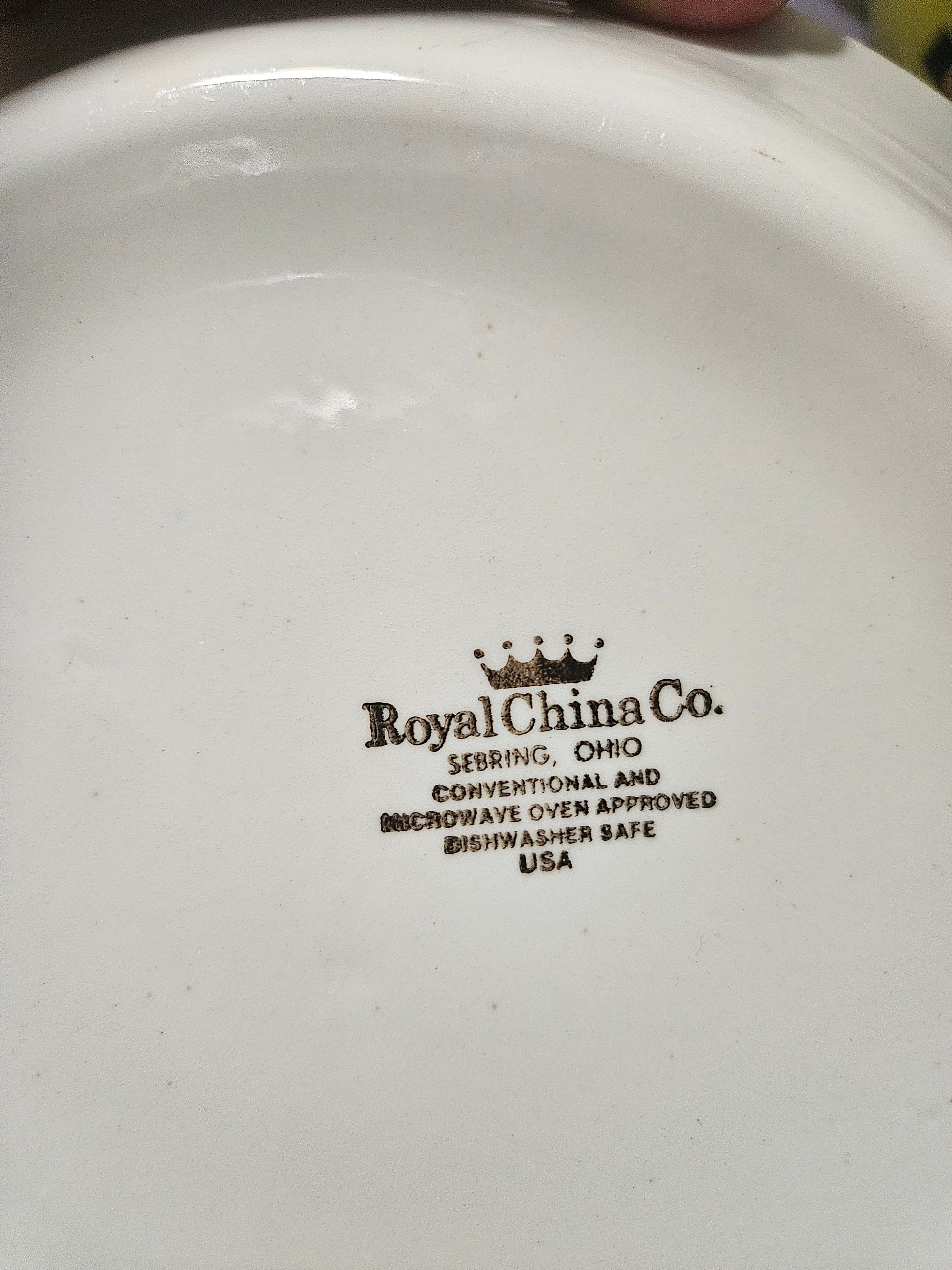 Bottom showing Royal China Co. crown mark, Sebring Ohio, Made in USA stamp