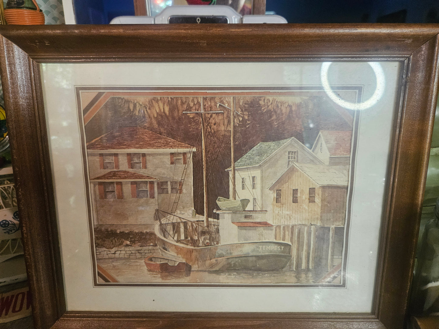 Framed Vintage New England Harbor Print — Sailboat "Tempest", Double Mat, Dark Wood Frame, 11" x 14"