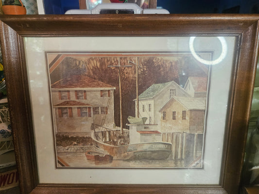 Framed Vintage New England Harbor Print — Sailboat "Tempest", Double Mat, Dark Wood Frame, 11" x 14"