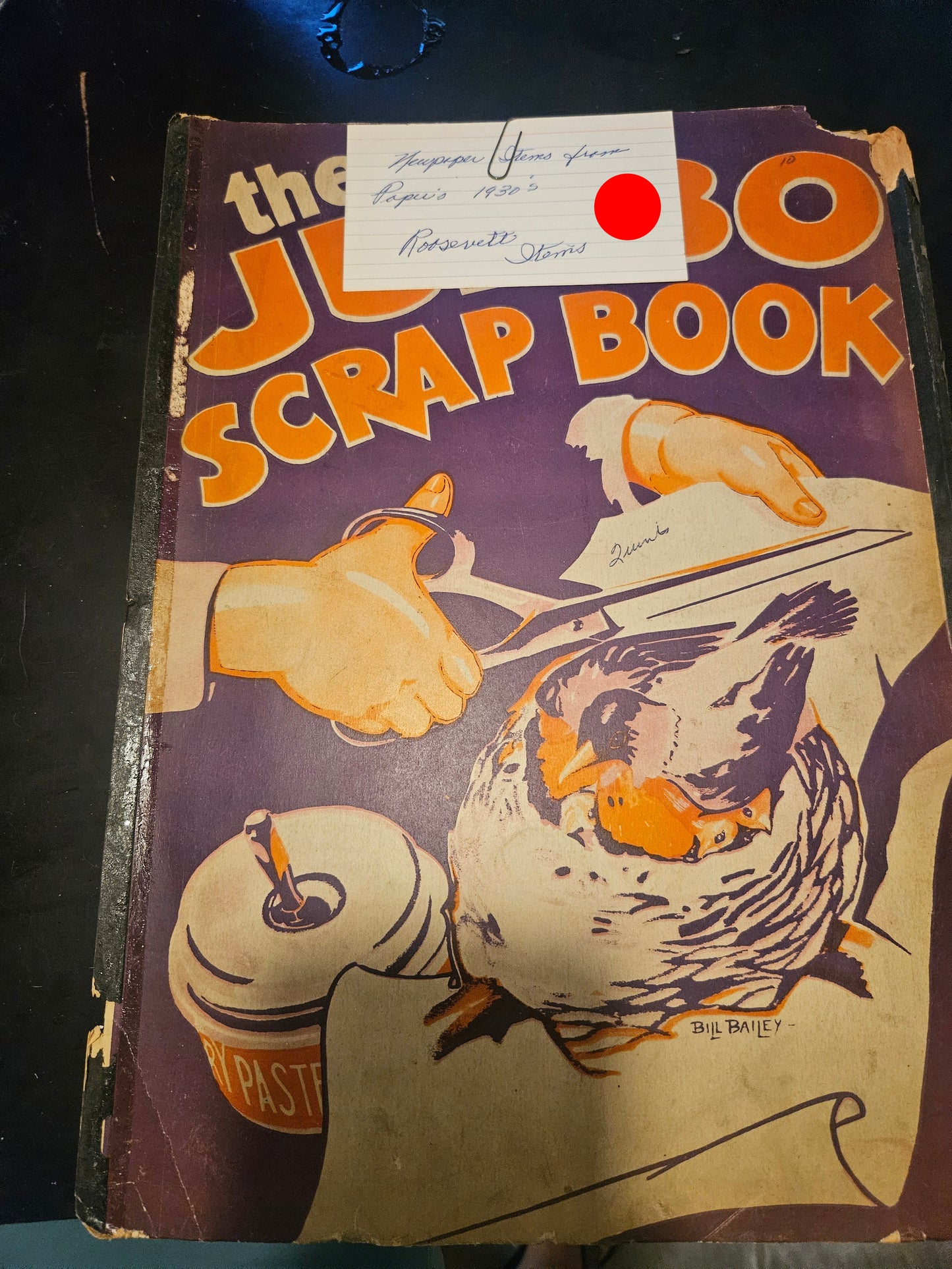Jumbo Scrap Book cover with Bill Bailey illustration and handwritten Roosevelt Items index card