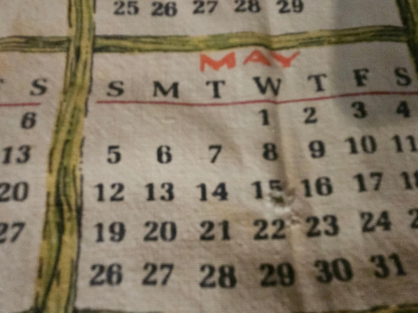 Close-up of May calendar grid showing crisp print detail on 1968 Peace and Plenty towel