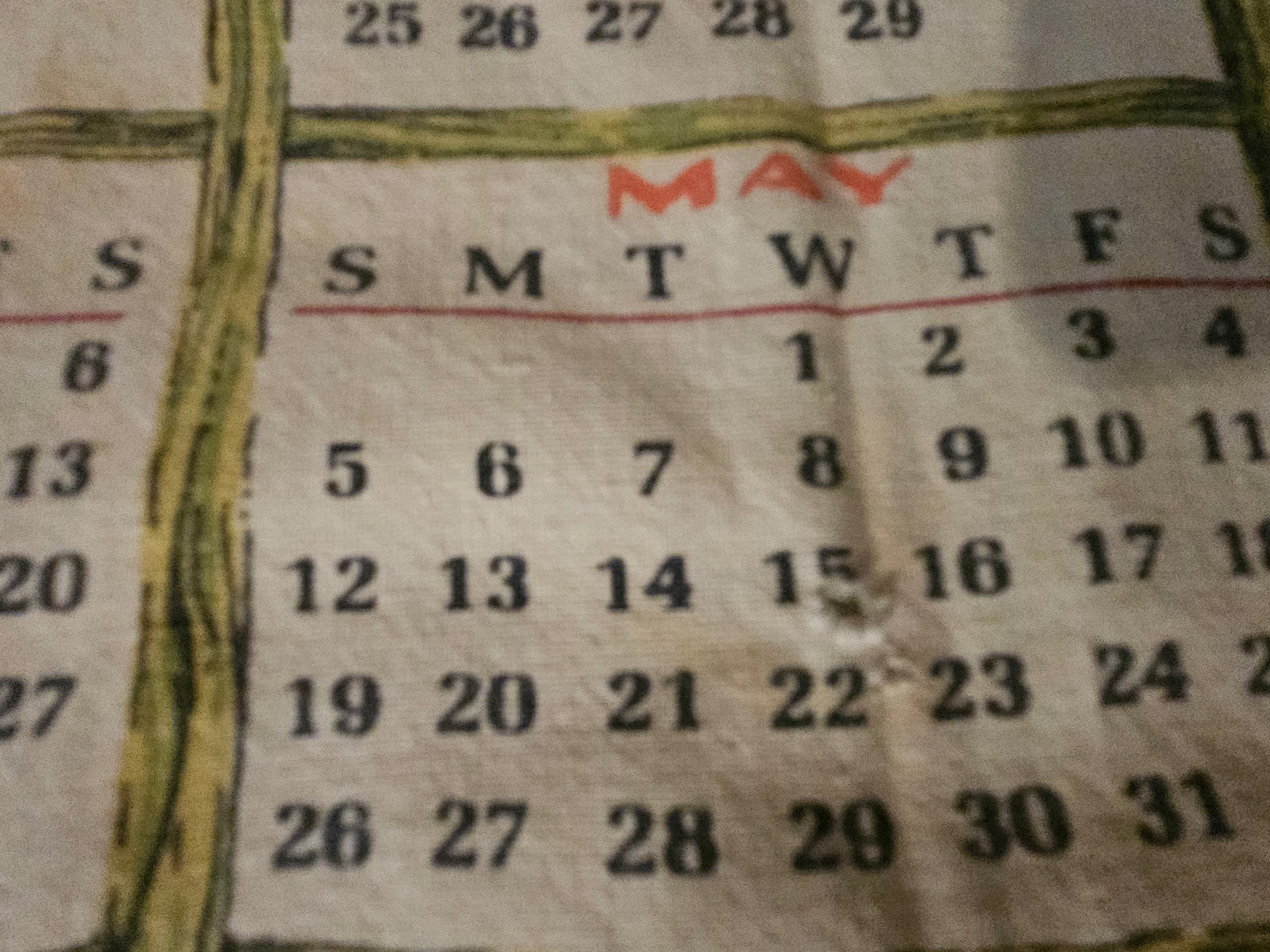 Close-up of May calendar grid showing crisp print detail on 1968 Peace and Plenty towel