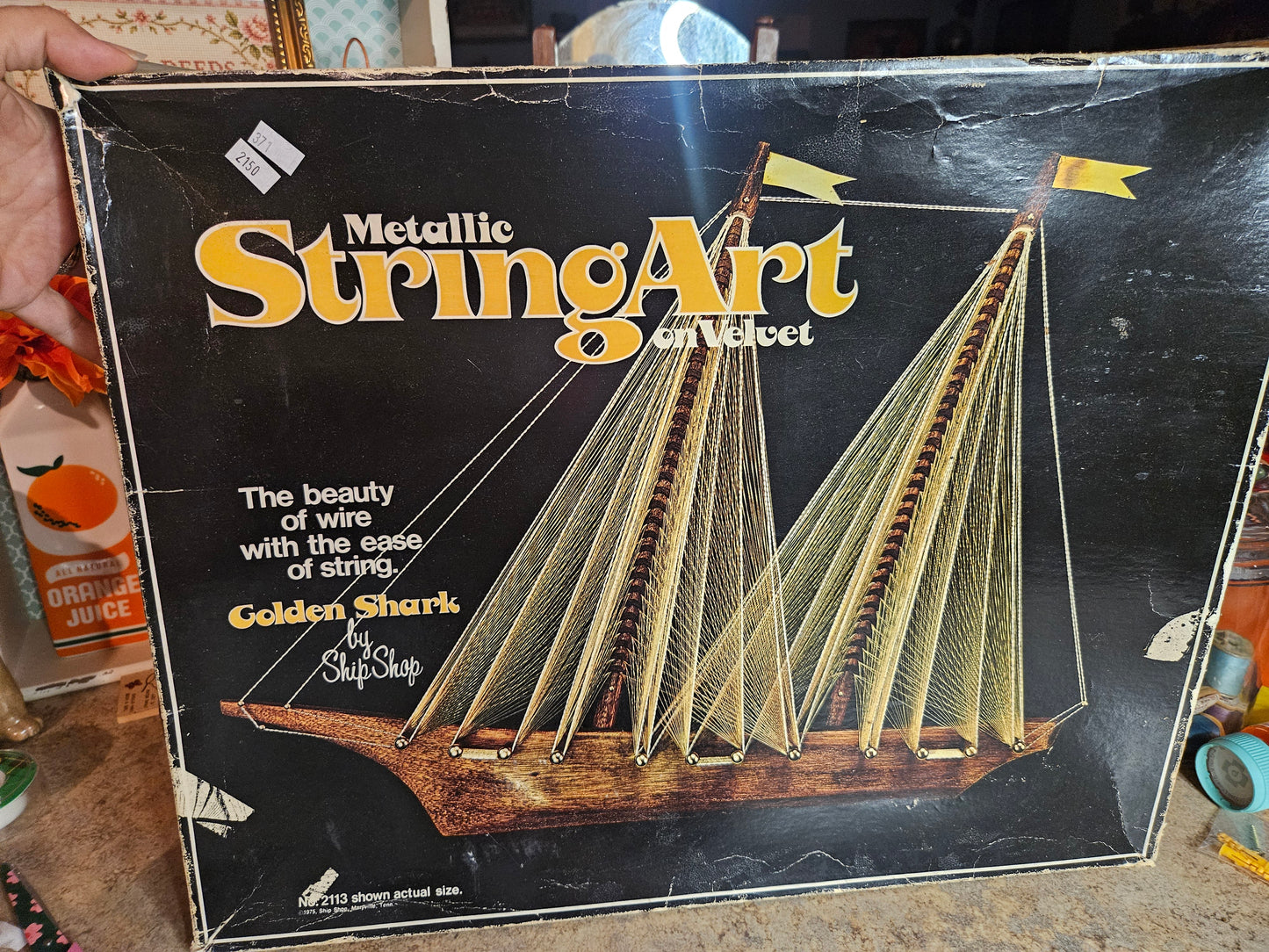 Vintage 1975 Ship Shop "Golden Shark" Metallic String Art on Velvet Kit – Complete, No. 2113