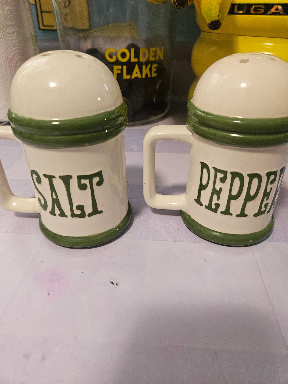 Vintage Ceramic Salt & Pepper Shaker Set — Green & Cream with Handles