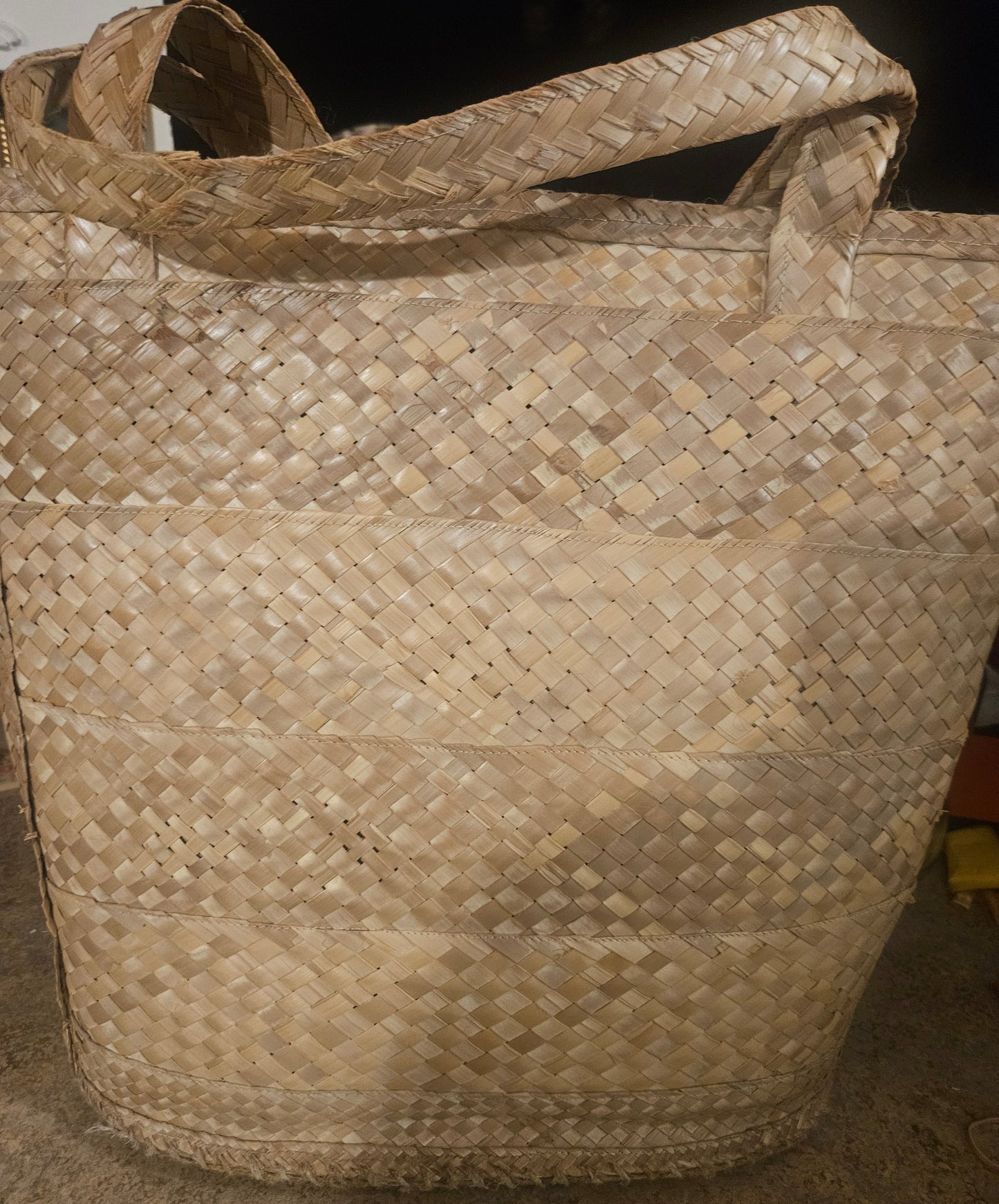 Vintage Mexican Woven Straw Tote Bag with Raffia Flower Embellishments