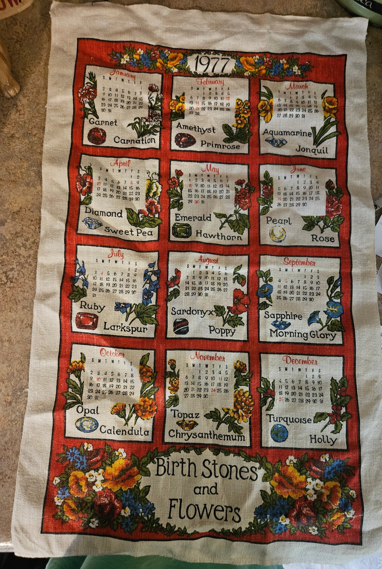 1977 Birthstones and Flowers Calendar Linen Tea Towel