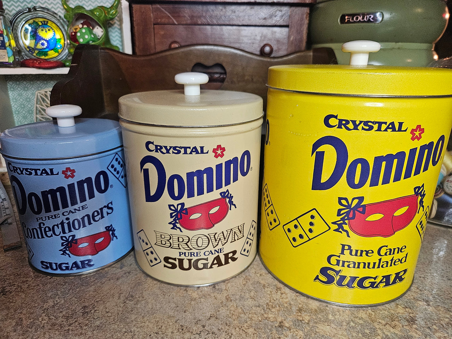 Crystal Domino Sugar Tin Canister Set of 3 – Granulated, Brown & Confectioners