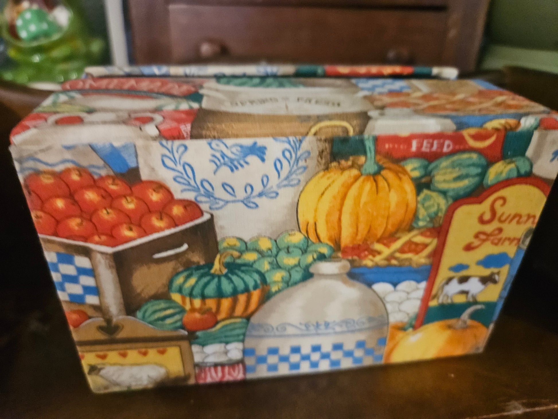 Recipe box side showing apples, pumpkins, stoneware, and Sunny Farm sign