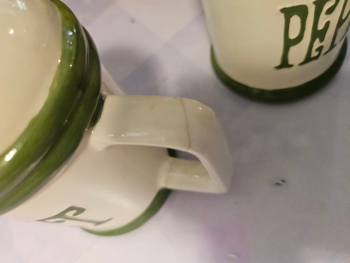 Vintage Ceramic Salt & Pepper Shaker Set — Green & Cream with Handles