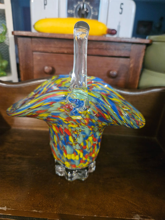 Murano style confetti art glass basket front view showing ruffled rim and clear handle