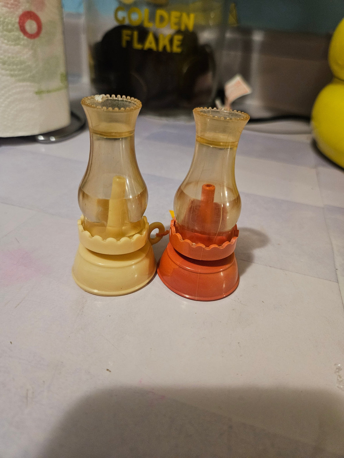 Vintage Plastic Hurricane Lamp Salt & Pepper Shakers