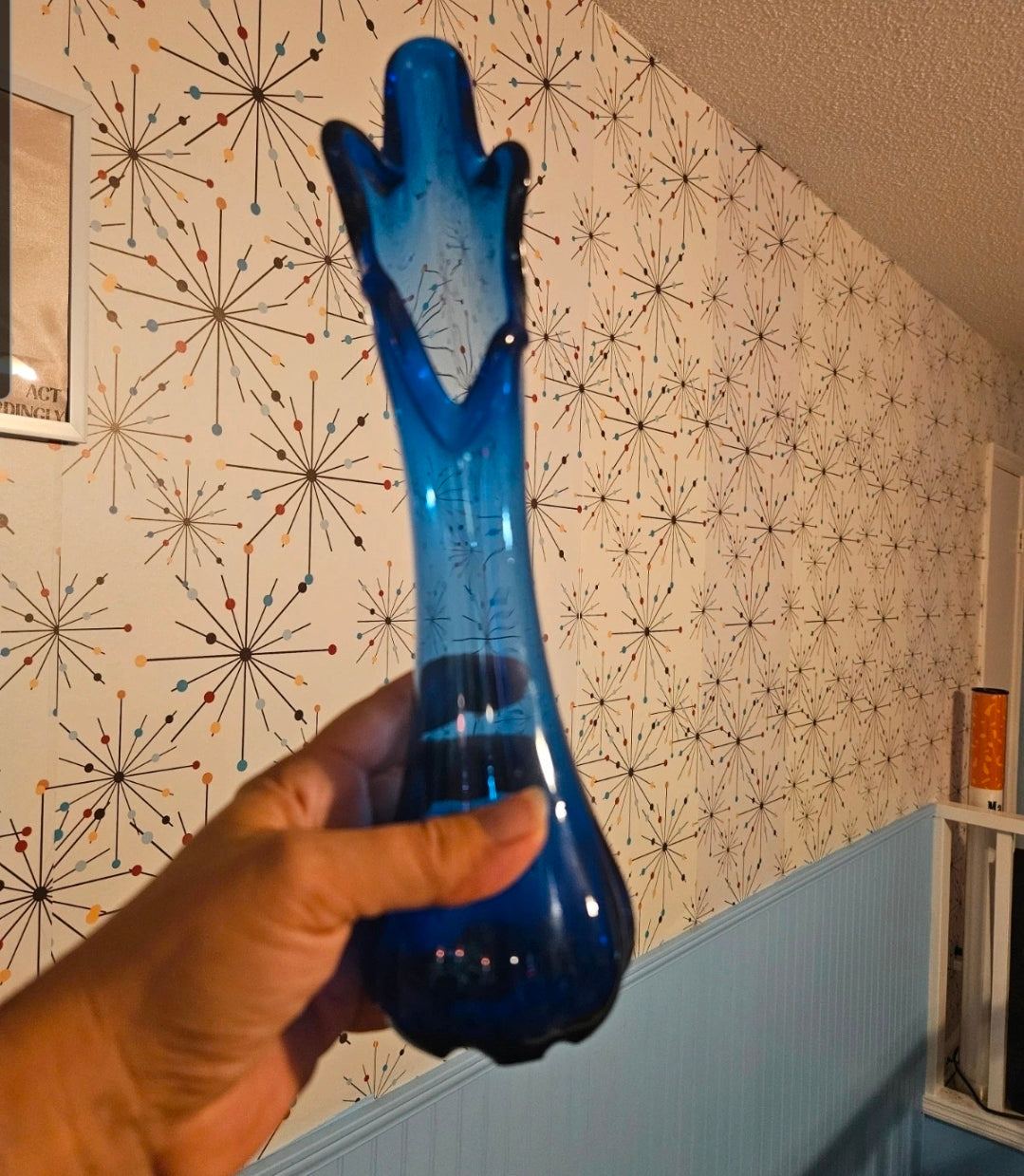 Cobalt blue art glass swung bud vase with ruffled pulled top and bulbous scalloped base