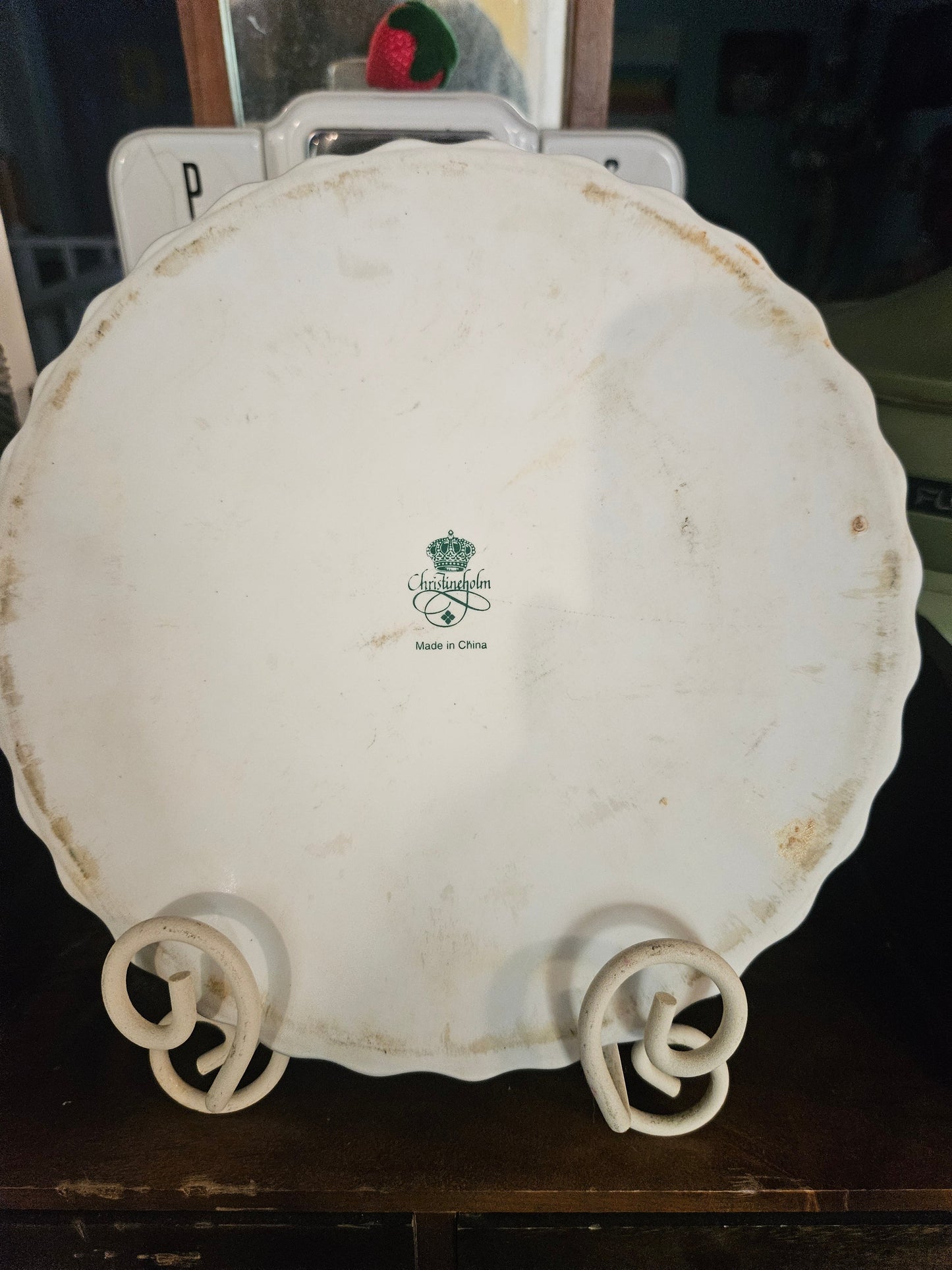 Back of Christineholm plate showing crown backstamp and Made in China mark