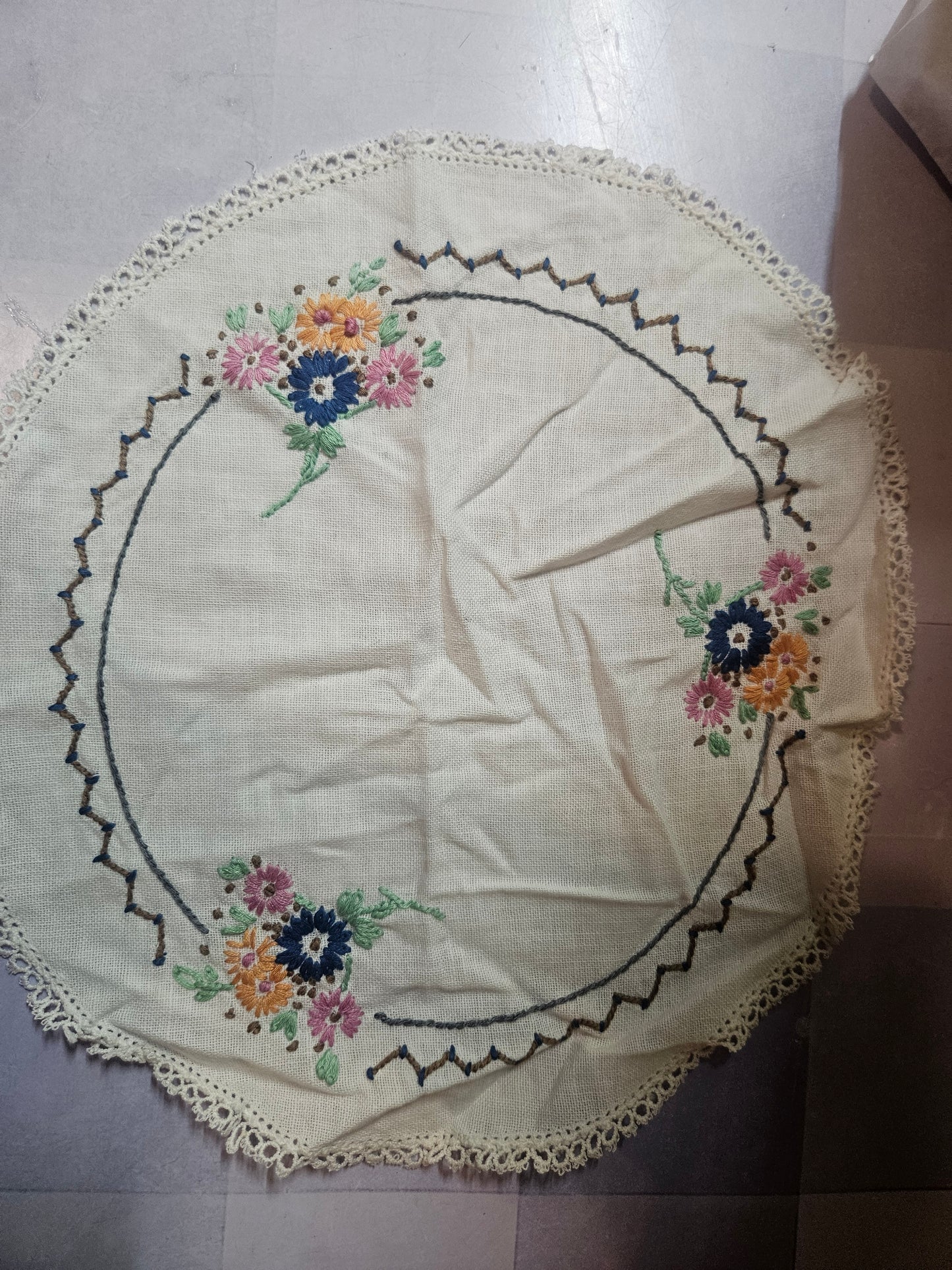 Vintage Hand-Embroidered Linen Lot of 2 — Round Doily & Rectangular Piece — Crochet Lace Edges