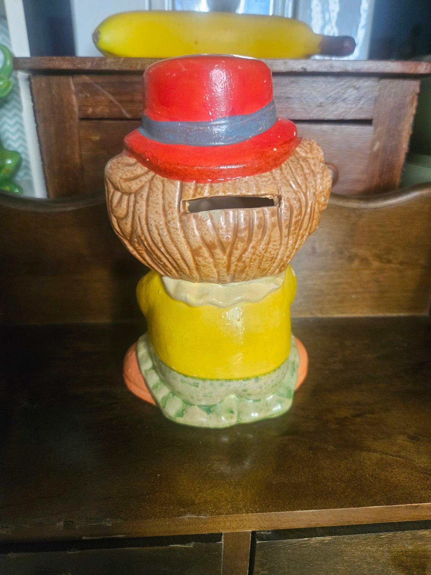 Vintage Ceramic Clown Coin Bank — Rhinestone Heart, Red Top Hat, 7" x 4.5"