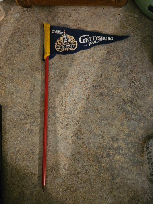 Vintage Gettysburg PA souvenir felt pennant with Soldiers Monument graphic on original red wooden stick