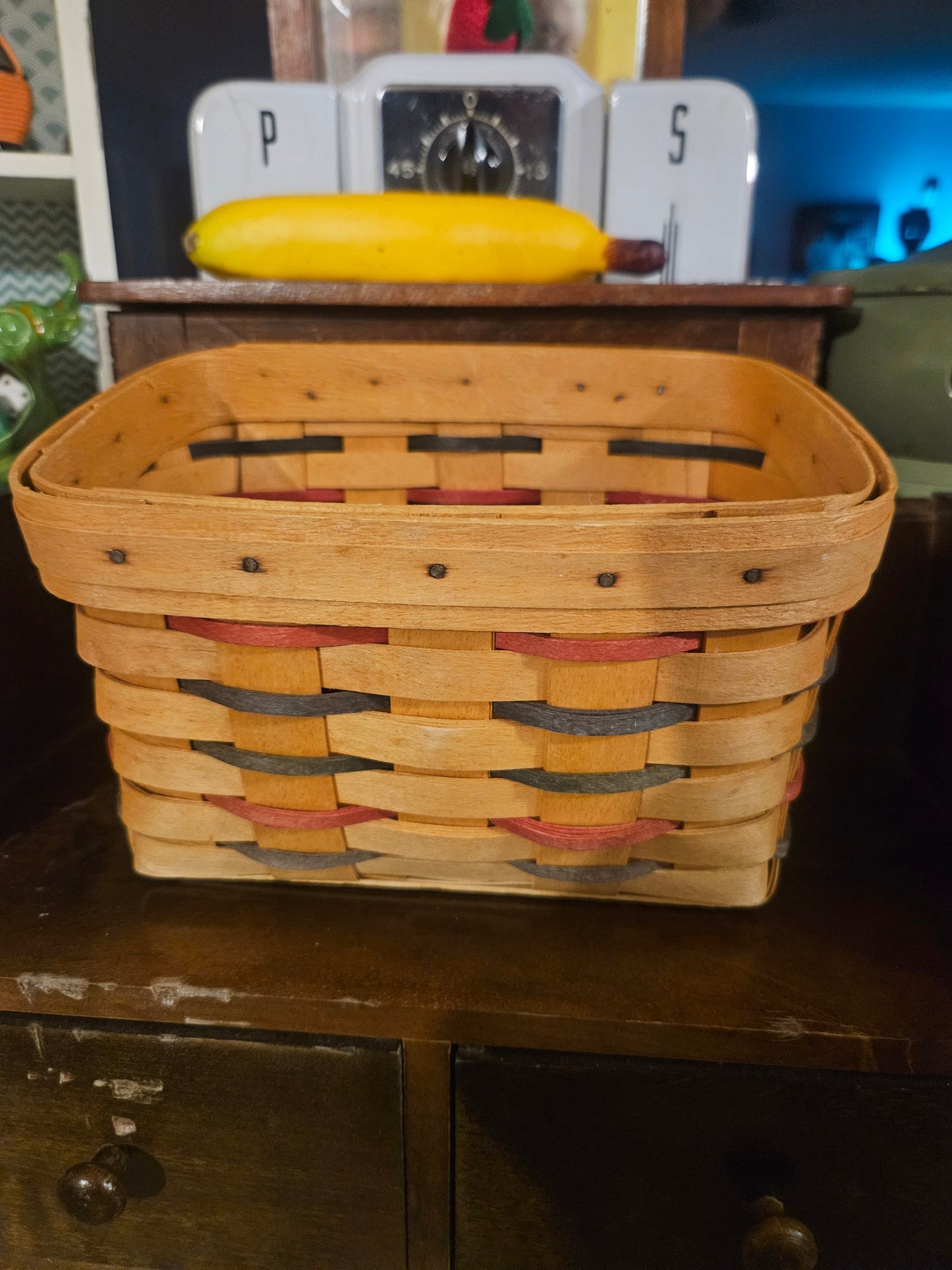Longaberger Handwoven Stepped Rectangular Basket — Red & Black Accent Splints, 1995