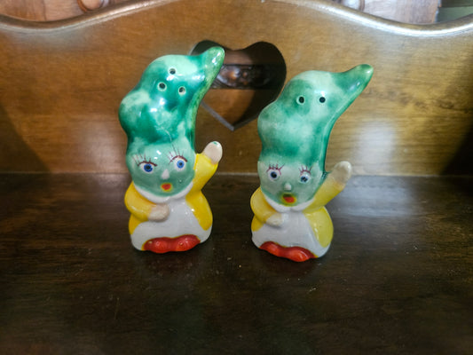 Vintage Japanese Anthropomorphic Sweet Pea Pod Salt & Pepper Shakers — Matched Pair, Mid-Century, Marked Japan